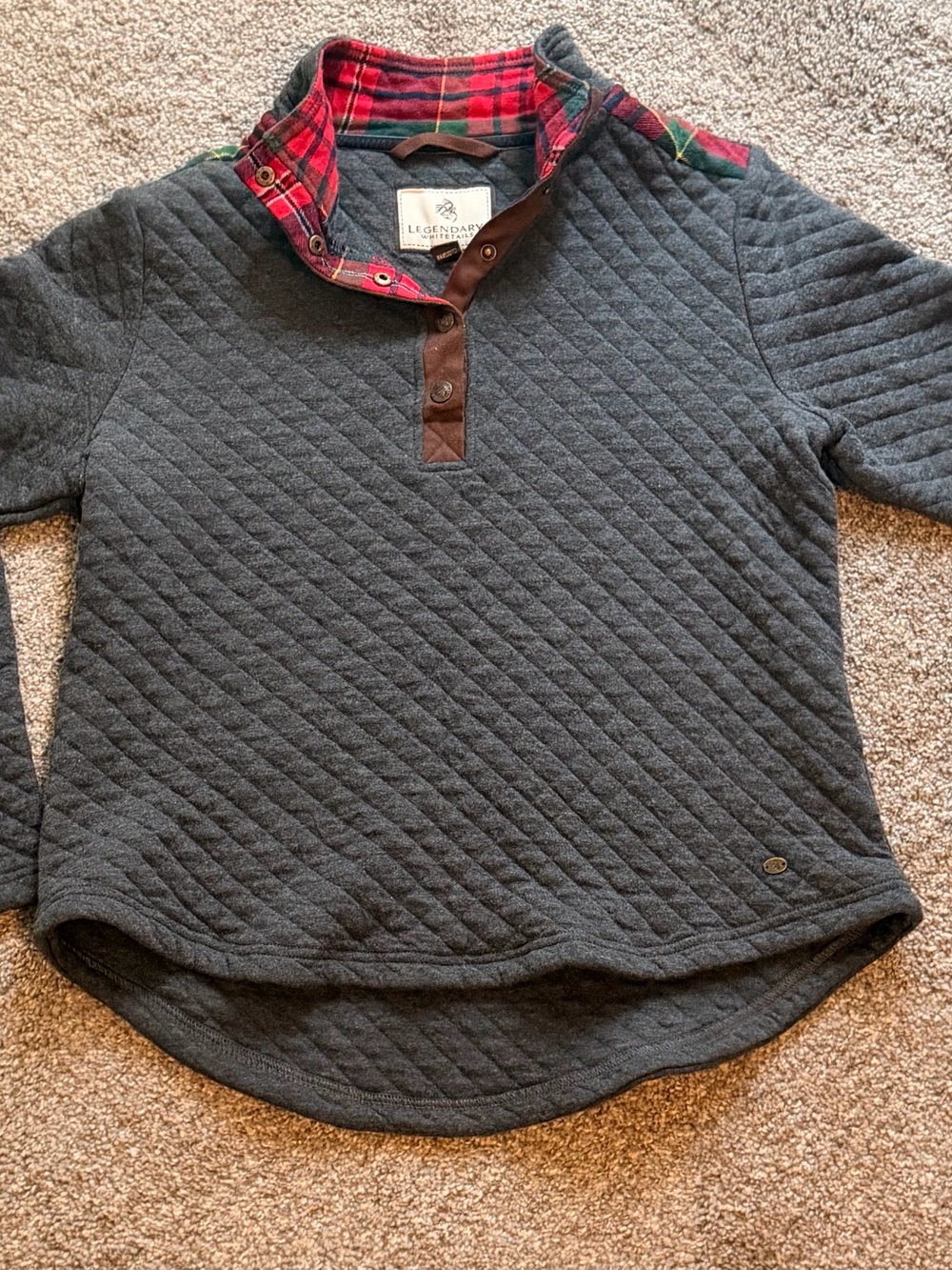 Legendary Whitetails Charcoal Quilted Pullover with Red Plaid Accent